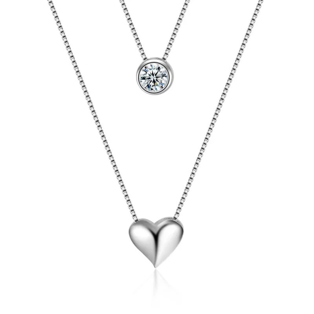 Double layer silver zircon heart necklace pendant